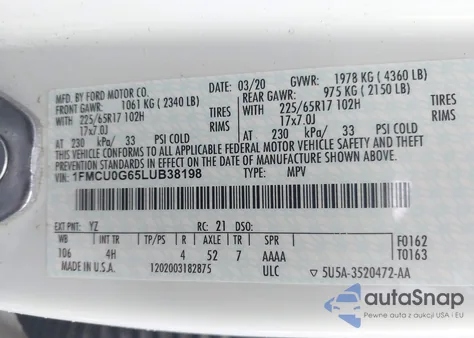 2020 Ford Escape Se from USA, damaged, VIN 1FMCU0G65LUB38198